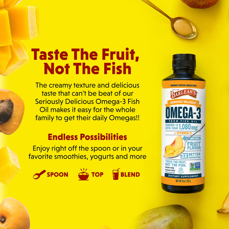 Barlean's Mango Peach Omega-3 Fish Oil, Vitamin D, 1080mg EPA & DHA, 8oz | Wild-caught fish oil plus vitamin D, EPA DHA omega-3, Burpless, Non-GMO, Gluten-free, Heart, brain, bone & immune 8 Ounce