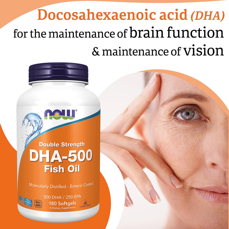 Now Foods, DHA-500, Double Strength, 180 Softgels, Lab-Tested, Fish Oil, EPA, Vitamin E, Gluten Free, Non GMO