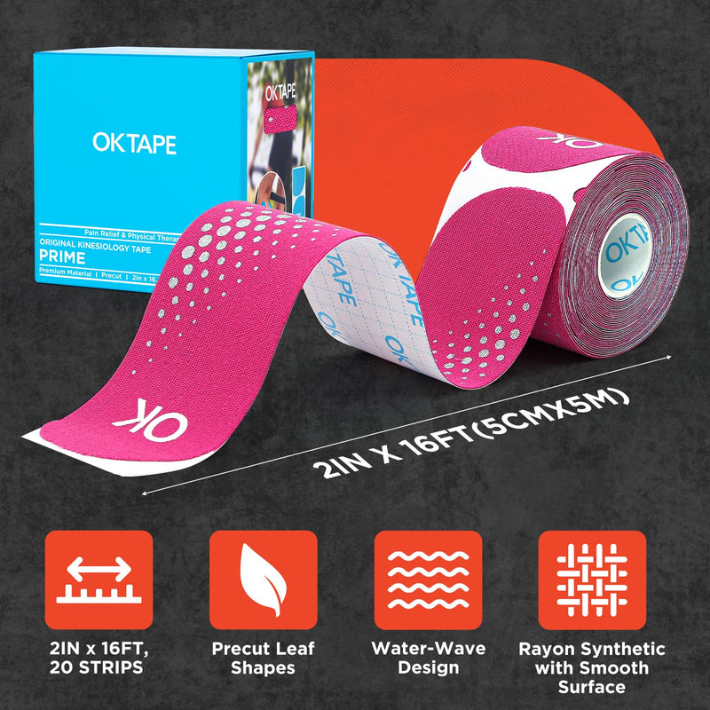 [Australia] - OK TAPE Synthetic Kinesiology Tape Precut Strips, Waterproof Kinesiology Athletic Tape for Joint & Muscle Support, Reflective and Durable Tape, 2in√ó16.4ft Roll 20PCS | Pink 1 Rolls 