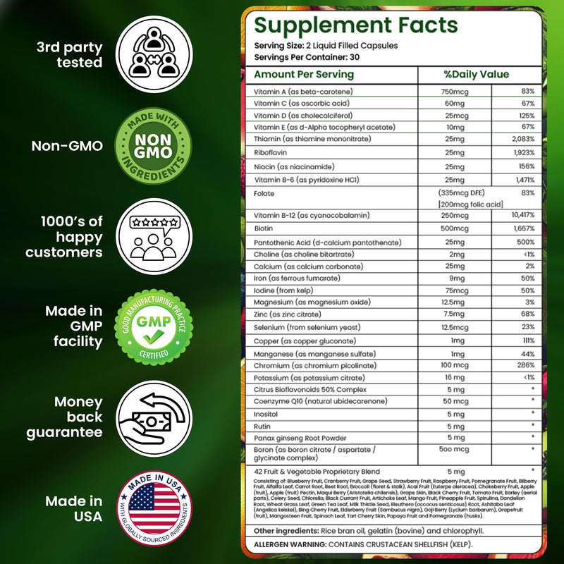 Multivitamins/Minerals Capsules with Zinc and Premium 42 Fruits and Veggies Blend for Immune Support Daily Multivitamin Capsule Antioxidant Supplement for Immunity System 60 Capsules