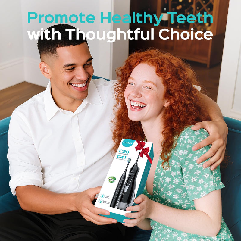 [Australia] - COSLUS Portable Water Flosser with Electric Toothbrush Combo: 2-in-1 Oral Clean Kit for Teeth, Braces, Gums Care - Brushing & Flossing for Adults, Family, Travel Use, BPA-Free, Black, C20 & C41 