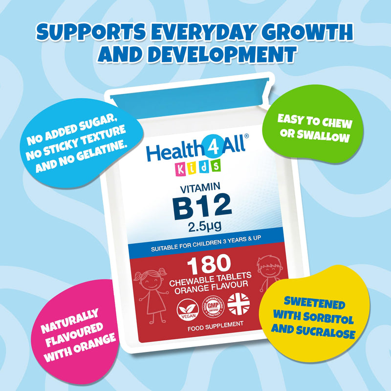 Health4All Kids Vitamin B12 2.5mcg 180 Chewable Tablets 6 Months Supply, Vegan VitB12 Methylcobalamin Supplement for Children 3+, Sugar-Free, Natural Orange Flavour | Made in UK (not Gummies) 180 count (Pack of 1)