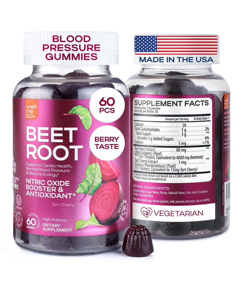 [Australia] - Beet Chews for High Blood Pressure - Beet Root Gummies Made in USA with Tart Cherry - Nitric Oxide Supplements for Energy and Cardio Health - Vegan, No GMO, Pectin Based - for Women and Men, 60 Pcs 60 Count (Pack of 1) Berry 