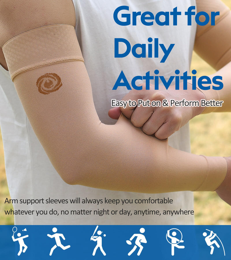 [Australia] - NURCOM¬Æ Medical Compression Arm Sleeve for Men Women, 2 Pack, 20-30mmHg with Silicone Band for Lymphedema, Lipedema, Pain Relief, Edema, Swelling, Post Surgery Recovery, Beige S Small(2 Pack) Beige(with Silicone Top Band) 