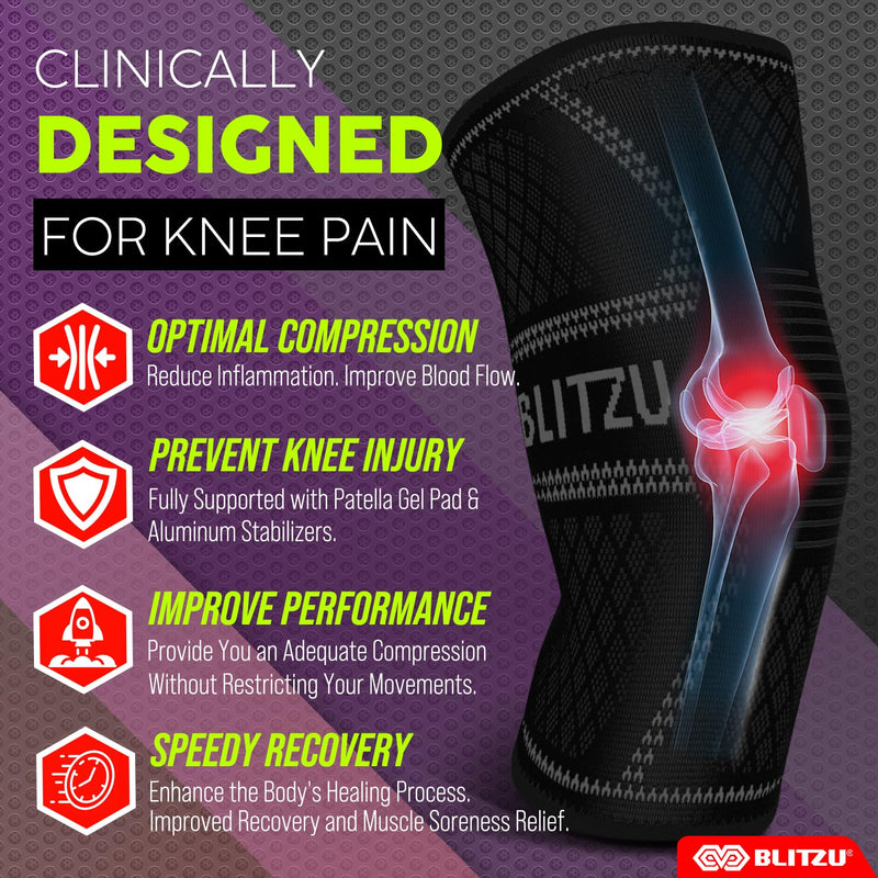 [Australia] - BLITZU Knee Braces for Knee Pain Women & Men - 2 Pack Set, Knee Brace Compression Sleeve for Knee Pain Meniscus Tear, ACL & Arthritis Pain Relief - Knee Sleeves Black L Large (1 Pair) 