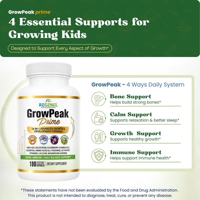GrowPeak Prime 16-in-1 Kids & Teens Growing Years Formula | Bone & immune support, calcium, D3, K2, magnesium, zinc, bovine colostrum, elderberry, non-GMO, made in USA, 60-day supply