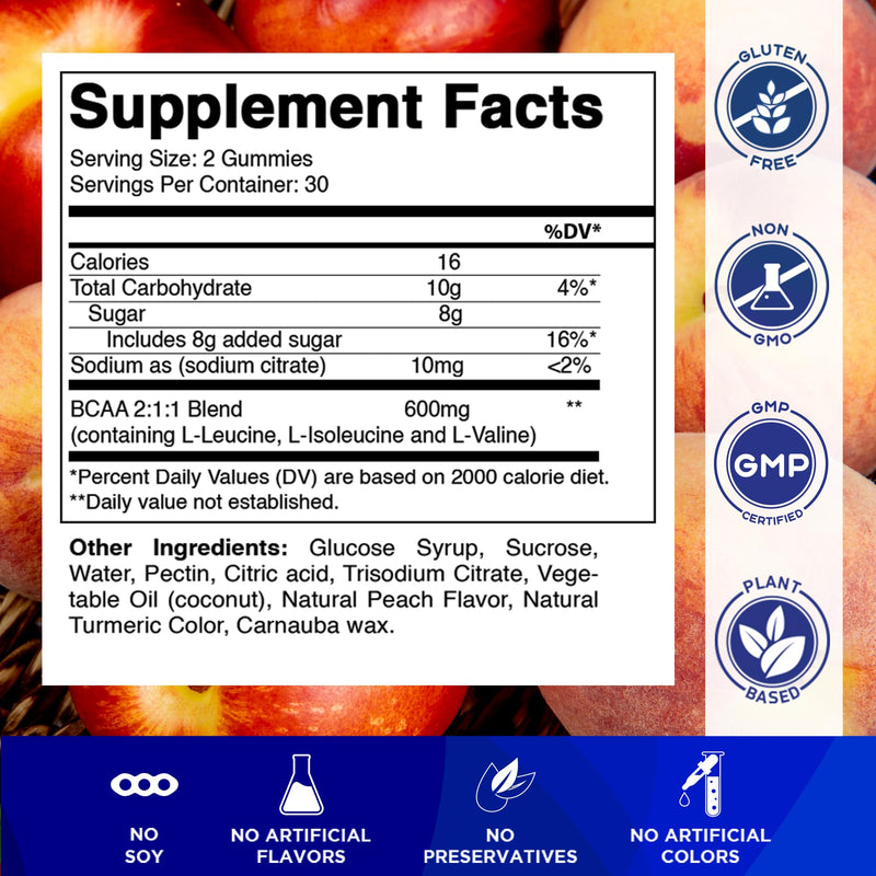Vitamatic BCAA Gummies - Branch Chain Amino Acid Supplements - Peach Flavor - 600mg per Serving - 60 Vegan Pectin Based Gummies