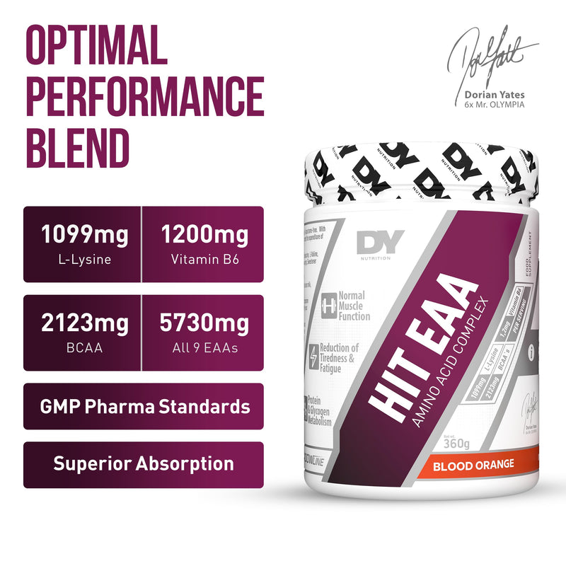 DY Nutrition HIT EAA Essential Amino Acids Complex with BCAAs, L-Lysine & Vitamin B6 | Muscle Repair & Recovery Supplement Intra Workout Powder, 27 Servings, 360g (Blood Orange) Blood Orange