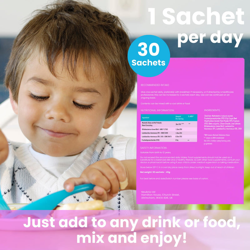 NEUBRIA NEUBIOTIC Baby & Kid Probiotic + Prebiotic Sachets – Lactobacillus & Bifidobacterium with FOS Fibres, Supports Digestive Balance & Gut Microbiome - UK Made - 30 Sachets