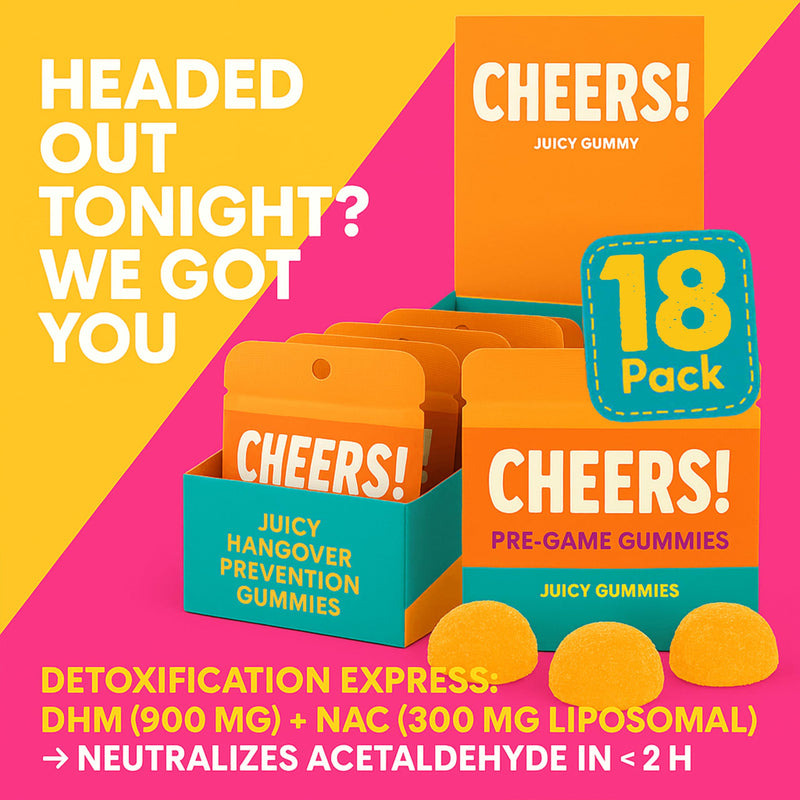 Cheers! Pre-Game – Post-Celebration Recovery Gummies – 910mg DHM & Vitamin C – Liver & Antioxidant Support – Blue Ginger 120mg & Turmeric + B-Complex Zinc – 18 Individual Packs