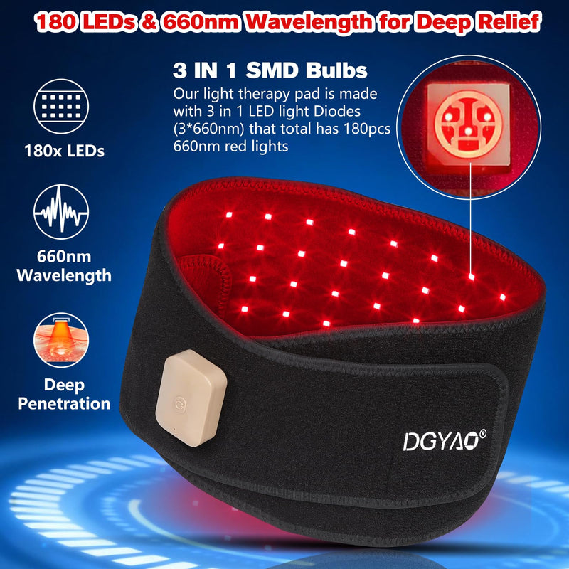 Red Light Therapy Belt for Back Pain Relief, Portable 660nm Light Therapy Wrap for Body and Waist, Rechargeable Cordless Controller SMD 3 in 1 Bulb Light for Joint Pain Relief Muscle Relax C-black