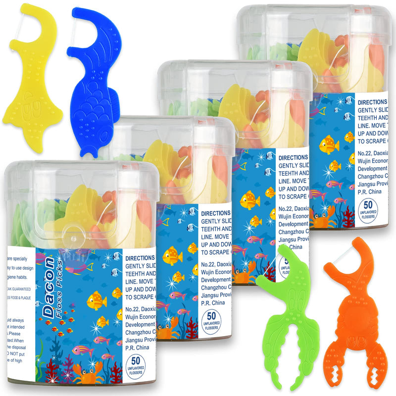 Kids Flossers, Kids Dental Floss Picks Without Fluoride, Unflavored, 4 Colors Ocean Animals Shaped Makes Flossing Fun, 50 Count (Pack of 4) 50 Count (Pack of 4)