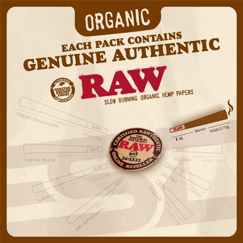 [Australia] - RAW Cones Organic 1-1/4 Size | 100 Pack | Pre Rolled Rolling Paper with Tips & Packing Tubes Included 