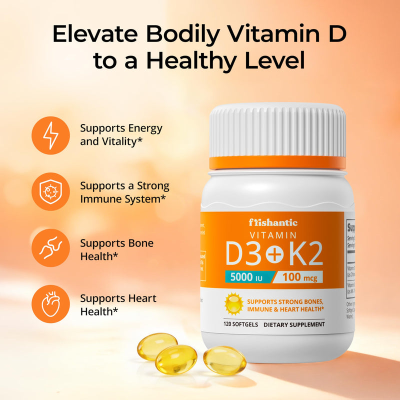 Vitamin D3 K2 5000IU, Bone & Immune Support, 120 Softgels | MK-7 100mcg for Calcium Directing, Easy-Swallow, Sunflower Seed Oil, 13-Allergen Free, Non-GMO, 4-Month Supply Vitamin D3 5000 IU