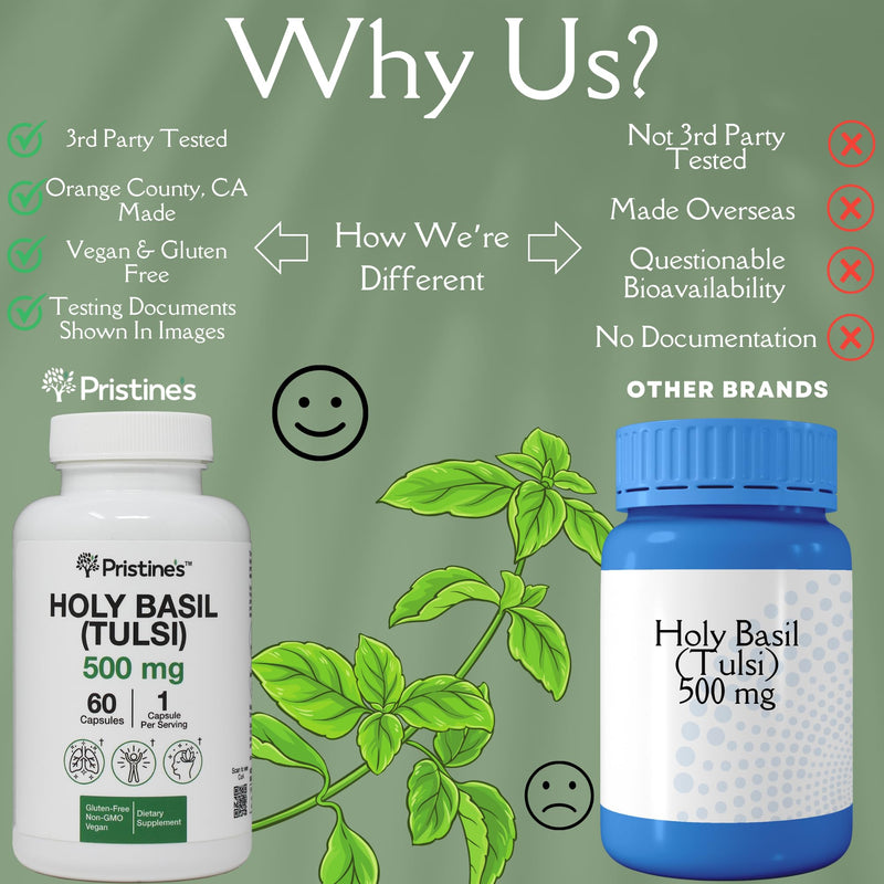 [Australia] - PRISTINE'S Holy Basil Capsules - 500 mg Gluten Free Immunity & Relaxation Support Adaptogen Supplement - 60 Day Supply - Tulsi Holy Basil Leaf Extract Capsules - Vegan - Non-GMO 1 