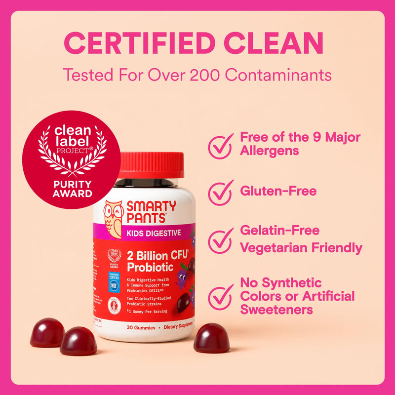 SmartyPants Kids Probiotic Gummies for Digestive Health: 2 Billion CFU Gut Health and Immune Support Supplement, Clinically Studied Probiotic, Gluten Free, Grape, 30 Count (30 Day Supply) 1 Count (Pack of 1) Grape Probiotic