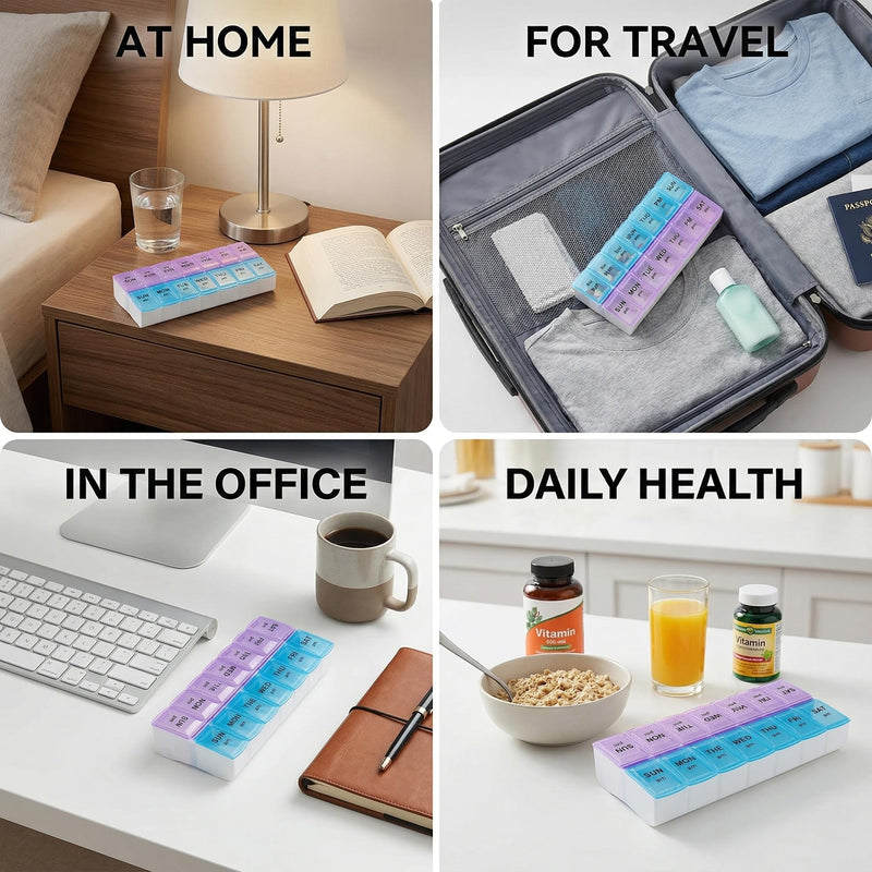 4 Packs Extra Large 7 Day Pill Organizer AM PM, Weekly Pill Box Twice a Day, Daily Medication Dispenser and Pill Case for Vitamins, Fish Oil, Supplements (Purple/Blue) Blue & Purple 4