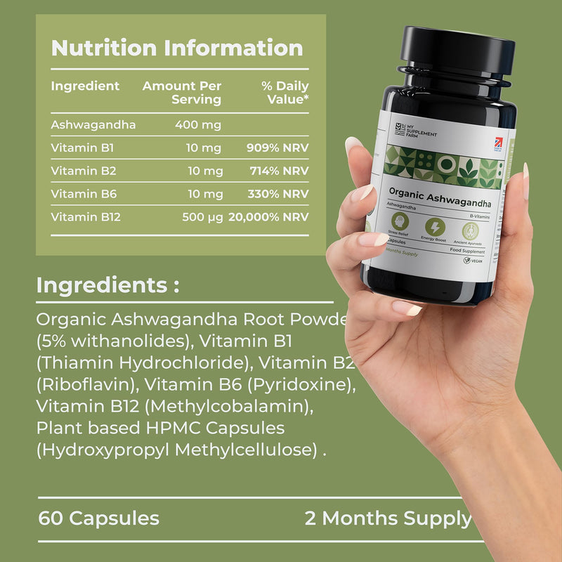 Organic Ashwagandha High Strength Capsules | 470mg, 60 Capsules - 2 Month Supply | Pure Root Extract Supplements for Men & Women | (Not Gummies or Powder) Made in UK | Vegan