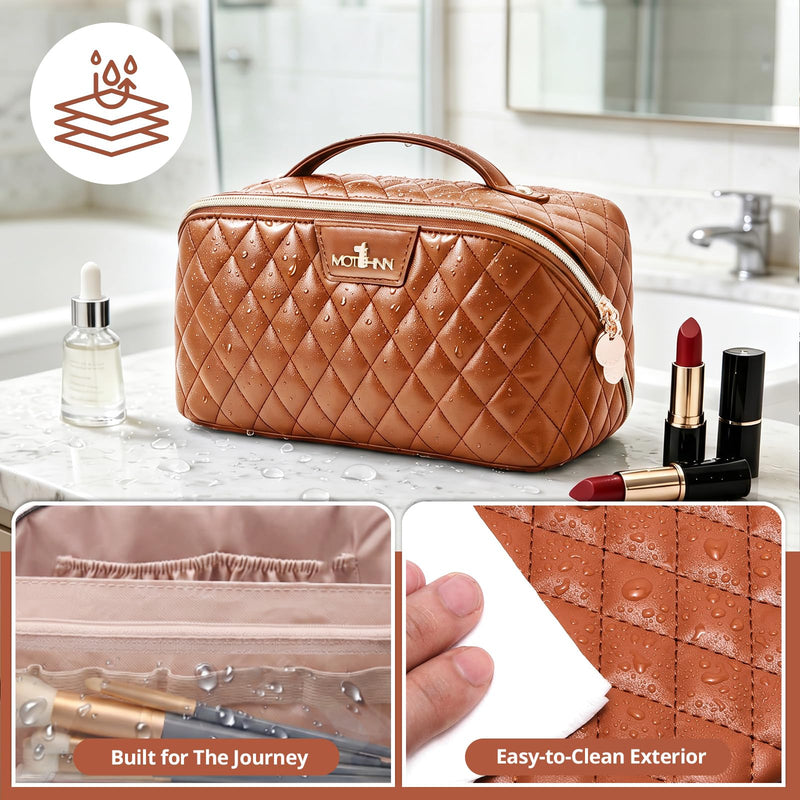 Travel Makeup Bags Cosmetic Organizer: 3Pcs Set Puffy Make up Bag for Women | Brown Premium Quilted ELEGANCE Design | Large Capacity Leather Toiletry Bags | Wide Open Compact Case for Travel Essentials 06 Brown