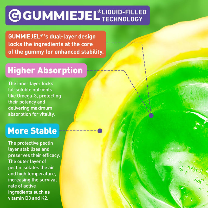 [Australia] - Kids Omega-3 Gummies for 4+, Algae Oil DHA & EPA with Vitamin D3 K2, Choline & PS, Vegan Fish Oil Supplements for Brain, Bone, Cognitive & Immune Health, No Fish Taste, SugarFree, Lemon Flavor, 60Cts 60 Count (Pack of 1) 