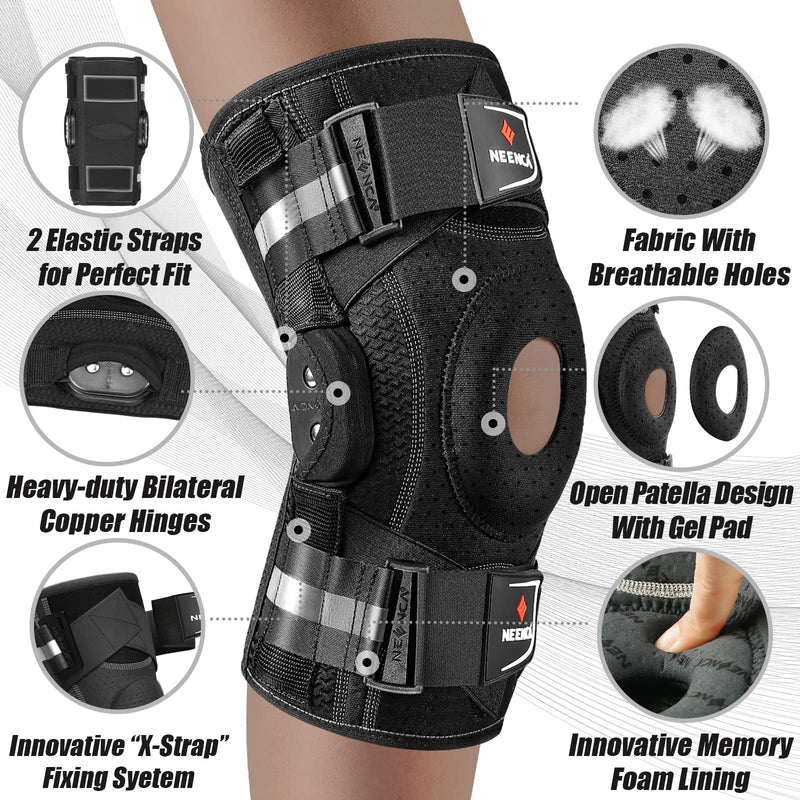[Australia] - NEENCA Professional Knee Brace for Knee Pain, Hinged Knee Support with Patented X-Strap Fixing System, Medical for Pain Relief, Arthritis, Meniscus Tear, ACL, PCL, MCL, Runner, Sport -FSA/HSA Eligible Large Black - Single 