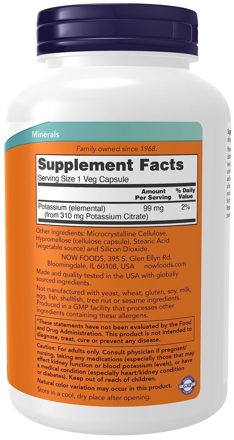 NOW Foods, Potassium Citrate 99 mg, Supports Electrolyte Balance and Normal pH*, Essential Mineral, 360 Veg Capsules Unflavored 360 Count (Pack of 1)