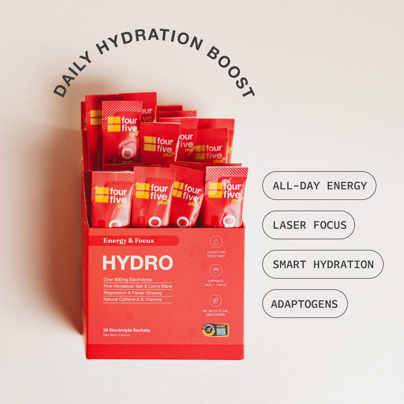 fourfive Hydration Sachets (Energy & Focus) - Hydro Electrolytes Powder with Natural Caffeine & Lion's Mane, Boost Daily Stamina - Red Berry, 30 Sachets 1 count (Pack of 30)