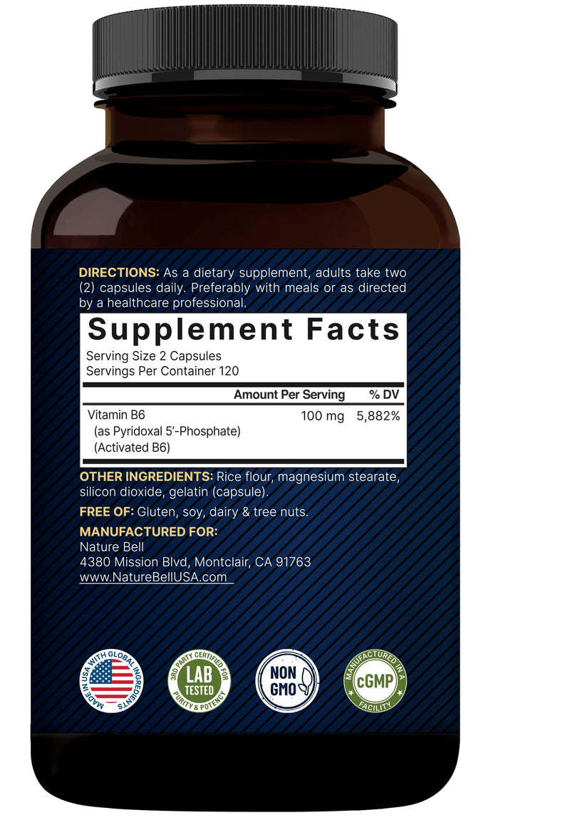 NatureBell P5P Vitamin B6 100mg Per Serving, 240 Capsules | Activated Pyridoxal 5 Phosphate Supplements – Essential B Vitamins for Brain & Memory Health – Non-GMO