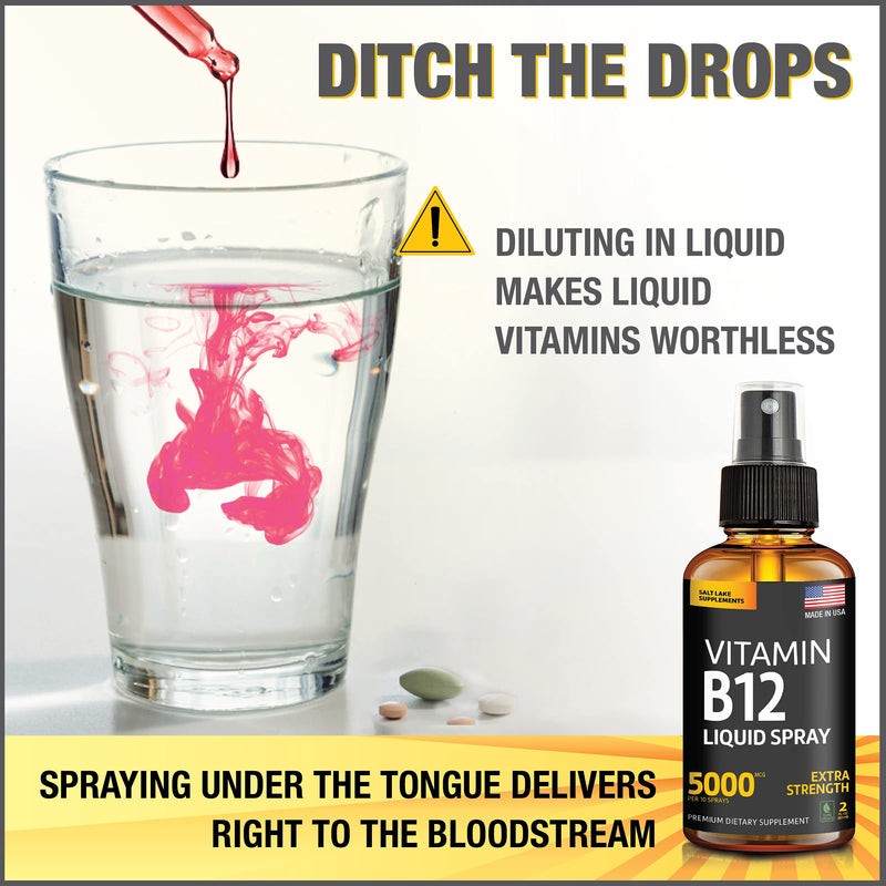 2 Pack Liquid B12 Spray 5000 mcg - Methylcobalamin Vitamin B12 Liquid | Boost Energy - Mood & Brain Health - Gluten-Free, Non-GMO B12 Spray for Men & Women - Easy Dosage (5000 mcg in 10 Sprays)