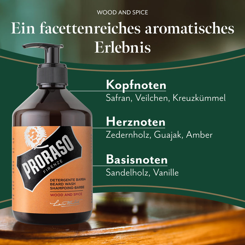 [Australia] - Proraso Beard Wash Wood & Spice, 500ml, scented beard shampoo cleans, nourishes and refreshes beard and skin, washing gel gently removes impurities, Made in Italy 