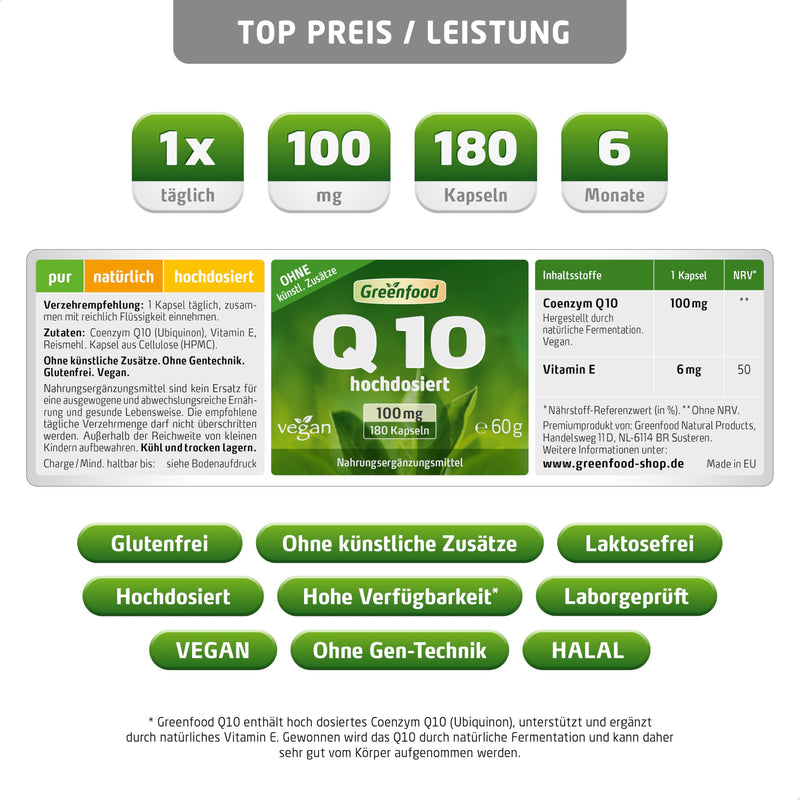 [Australia] - Coenzyme Q10, 100 mg pure Q10, high dose, 180 capsules - produced by natural fermentation. WITHOUT artificial additives, without genetic engineering. Vegan. 180 pieces (pack of 1) 