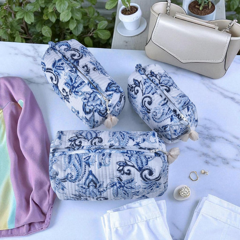 Quilted Floral Block Print Makeup Bag Set of 3 – Cotton Travel Toiletry and Makeup Organizer, Cosmetic Pouch, Toiletry Bag for Women, Cute Boho Coquette Make Up Bags for Women (Small, Medium, Large)