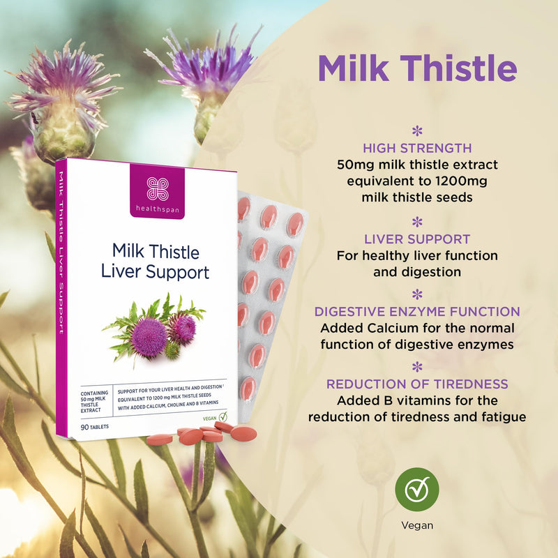 Healthspan Milk Thistle Liver Support (90 Tablets) | 80% Silymarin Content | 50mg Milk Thistle Extract | with B Vitamins, Calcium & Choline to Support Your Digestive Health & Liver Function | Vegan