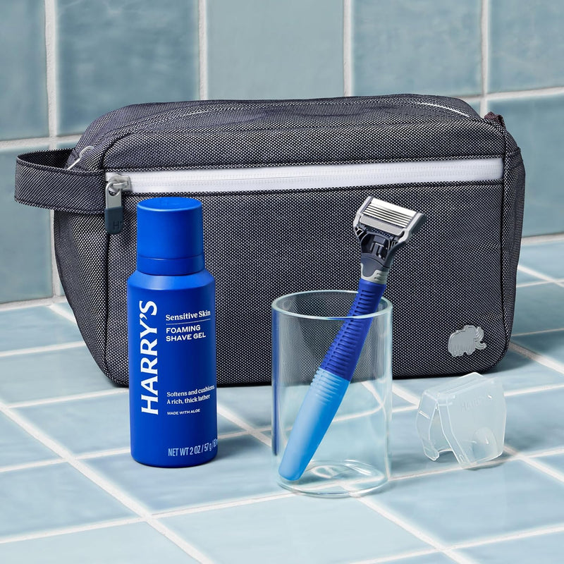 Harry's Travel Shaving Kit for Men - Toiletry Bag, Razor, Foaming Shave Gel, and Blade Cover -Travel Size Toiletries Shave Kit + Toiletry Bag Grey