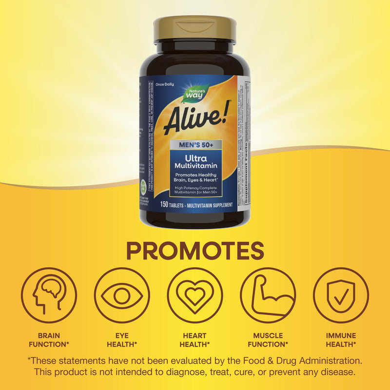 Nature's Way Alive! Men’s 50+ Daily Ultra Multivitamins,High Potency Formula,Supports Healthy Brain,Eyes & Heart*,with Methylated Vitamin B12,Gluten-Free,150 Tablets,(Pack of 2) 150 Count (Pack of 2)