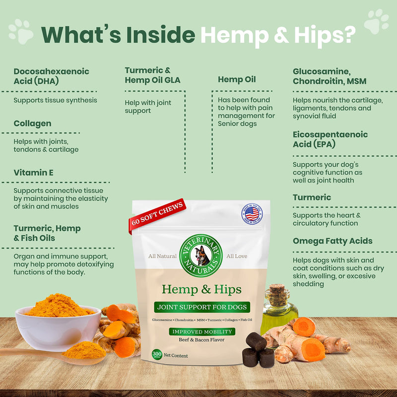 Veterinary Naturals Hemp & HIPS Joint Supplement for Dogs - 60 Soft Chews for Dog Hip and Joint Supplement with Glucosamine for Dogs, MSM, & Turmeric (Beef & Bacon) Beef & Bacon Regular - PawsPlanet Australia
