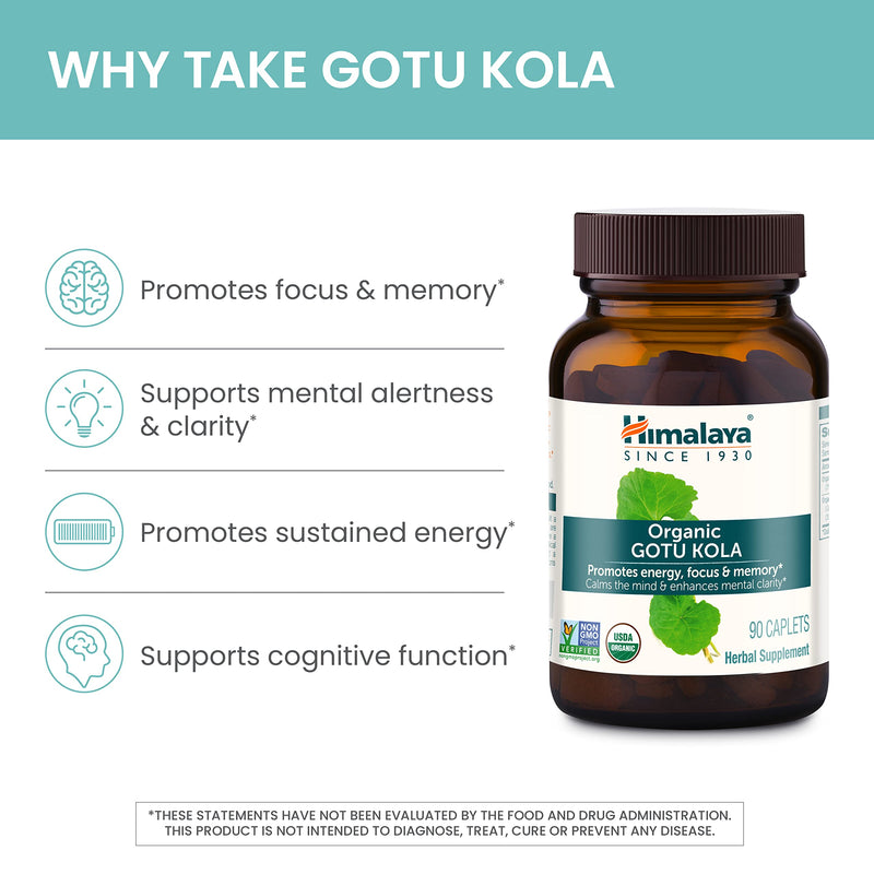 [Australia] - Himalaya Organic Gotu Kola, 45 Day Supply - Herbal Nootropic Supplement with Adaptogens for Energy, Focus, Memory, and Calming Relaxation - Vegan, Non-GMO, Gluten Free, 650 mg, 90 Caplets 