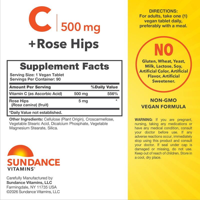 Sundance Vitamin C with Rose Hips | 500mg | 90 Vegetarian Tablets | Essential Vitamin | Vegetarian, Non-GMO, and Gluten Free Supplement