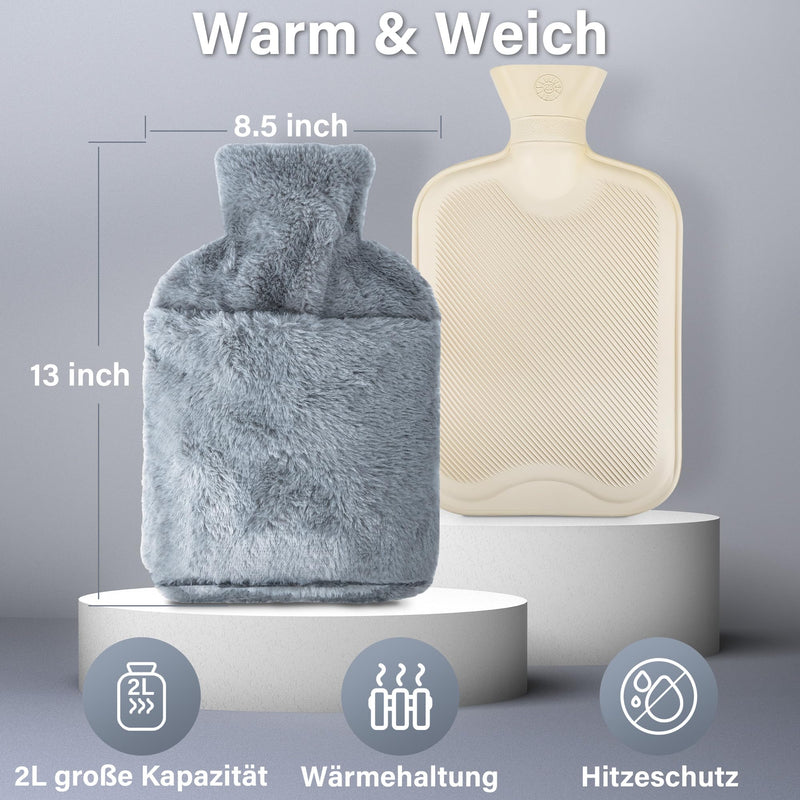 [Australia] - Hot Water Bottle, 2L Hot Water Bottle with Cover Large Fluffy Kangaroo, Thermophore with Leak-Proof Rubber, Hand Warmer for Children and Adults Hot Water Bottles for Back, Stomach Periods Pain Relief 2L Gray 