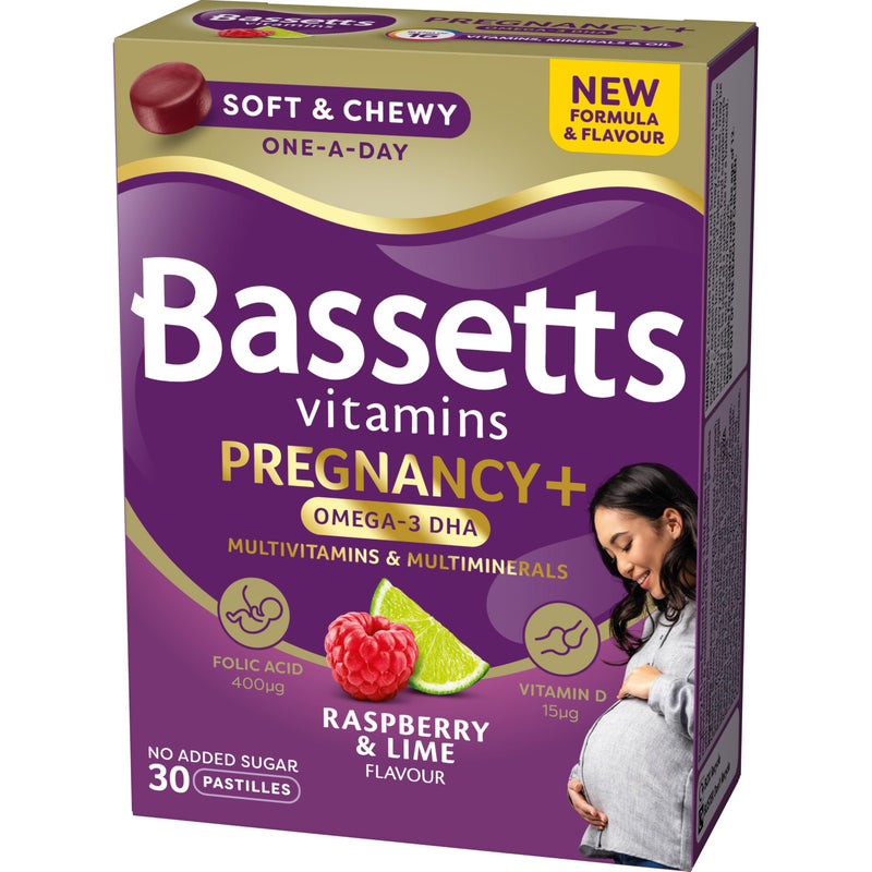 Bassetts Pregnancy+ Omega-3 DHA Multivitamins & Multiminerals Raspberry & Lime Flavour 30 Gummies 30 count (Pack of 1)