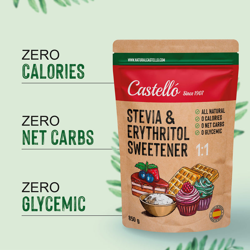 [Australia] - Stevia + erythritol 1:1 sweetener | 1g = 1g sugar | 100% Natural Sugar Substitute - 0 Calories - 0 Glycemic Index - Keto and Paleo - 0 Net Carbs - No GMO - Castello since 1907-850 g 