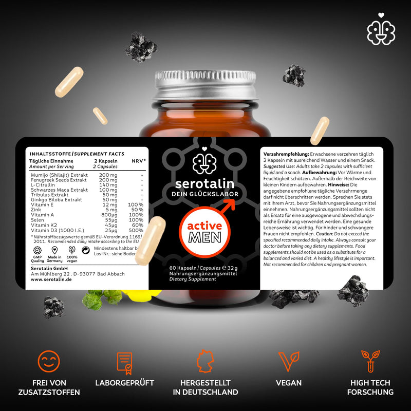 [Australia] - serotalin® ACTIVE MEN Maca capsules | +Shilajit +Tribulus Terrestris +Fenugreek +L-Citrulline +Vitamin E A K2 D3 high dose +Selenium +Zinc | 100% vegan & made in Germany | for 1 month 