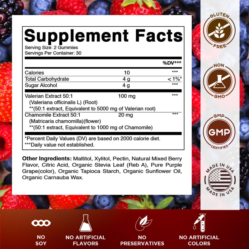 [Australia] - Vitamatic Valerian Root Chamomile Gummies ‚Äì 6000 mg Equivalent Per Serving ‚Äì Mixed Berry Flavor ‚Äì 60 Gummies ‚Äì Non-GMO, Gluten-Free ‚Äì 30 Servings 