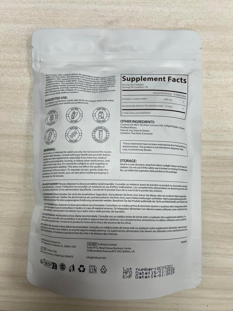 NAC N-Acetyl L-Cysteine 600mg Softgels with NAD+ & MCT Oil, Enhanced Absorption Formula, 300 Softgels Supplements (100 Day Supply), Non-GMO, Gluten Free, Lab Tested NAC Supplement