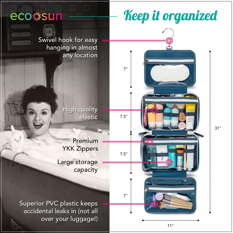 Eco Sun Hanging Travel Toiletry Bag — Designed in Hawaii — Water-Resistant Travel Organizer for Bathroom Accessories (Blue) Blue