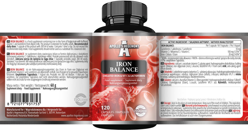 Iron Balance 120 Vegan Capsules - Iron Chelate with Vitamin C and Lactoferrin - 120 Daily Servings - for Enhanced Absorption - Dietary Supplement by Apollo's Hegemony Capsule 120 count (Pack of 1)