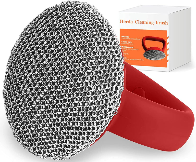 [Australia] - Cast Iron Cleaner Brush with Heavy Duty Handle, 3mm Soldered Fine Chain Mail Scrubber Brush - Small Ring Chainmail Pan Pot Scrubber Metal Scrub Brush to Clean Skillet, Cast Iron Griddle Cleaning Brush Red brush 
