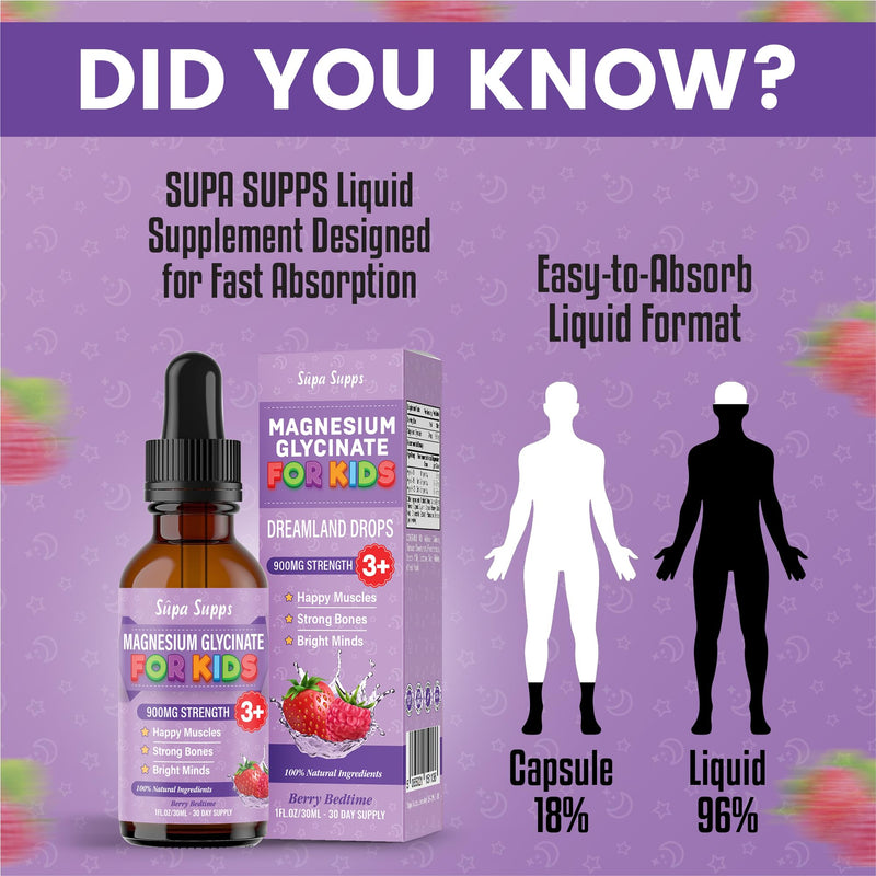 Kids Magnesium Glycinate 30ml - Berry Bedtime | Supa Supps Liquid Magnesium Glycinate 3-in-1 Drops Support Relaxation, Calm, Balanced Energy, Focus & Growth | Easy Daily Supplement 1 Months Supply Strawberry & Raspberry 30 ml (Pack of 1)