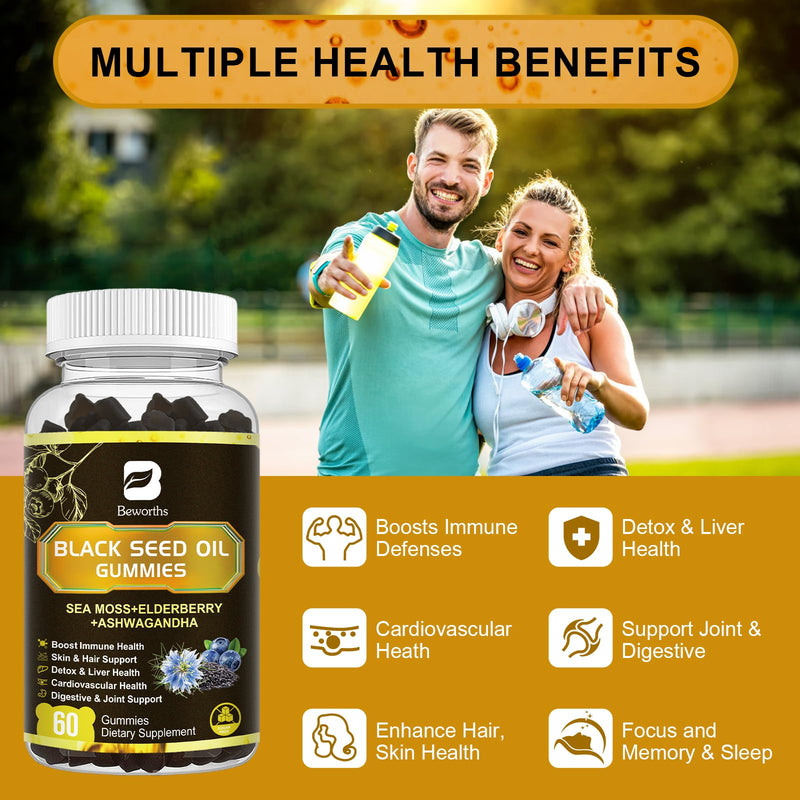 [Australia] - Black Seed Oil & Sea Moss Gummies, Organic Irish Sea Moss Gummies with Ashwagandha, Black Seed Oil, Elderberry, Turmeric, Vitamin D3/C and Zinc - Support Joints, Digestion, Hair & Skin 60 Count (Pack of 1) 