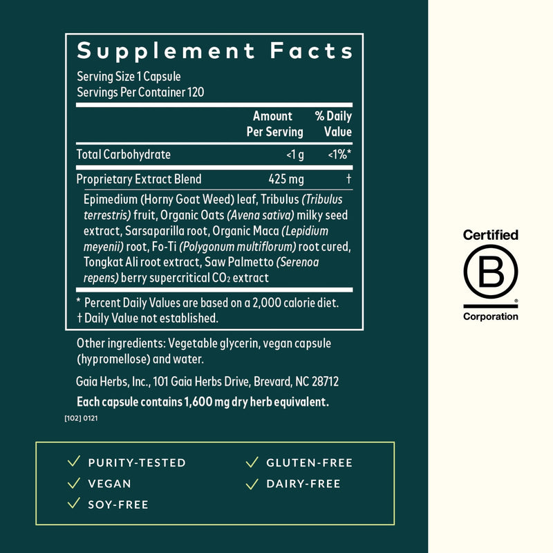 [Australia] - Gaia Herbs Male Libido - Herbal Supplement with Saw Palmetto, Horny Goat Weed, Maca & Oats - Supports Stamina, Vitality & Hormone Balance for Men - 120 Vegan Liquid Phyto-Capsules (30-Day Supply) 120 Count (Pack of 1) retail_packaging 